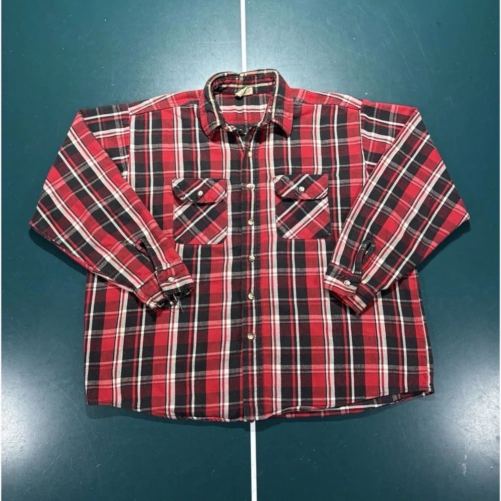 Vintage Five Brother Flannel Shirt Men's 2XL Heavyweight Cotton Red Plaid USA